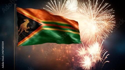 A waving national flag of Eswatini against a backdrop of vibrant fireworks.