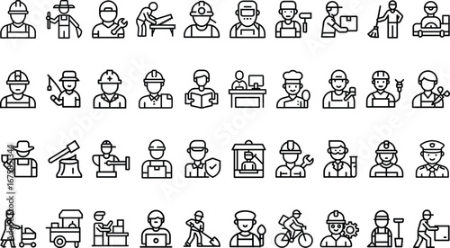Diverse professions illustrated with simple line art icons worker occupation