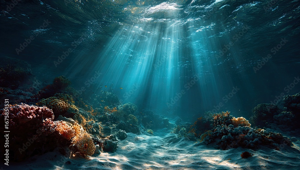 Obraz premium Sunlight beams through turquoise water, illuminating a vibrant coral reef