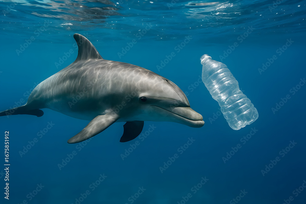 Fototapeta premium Marine pollution is a problem caused by human activities, a dolphin is holding a plastic bottle. The dolphin may swallow the bottle cap, which can cause problems with its digestive system.