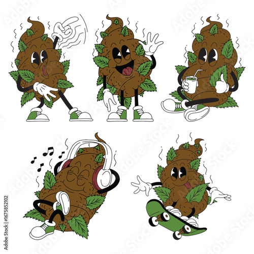 Funny retro cartoon poop characters in action bundle