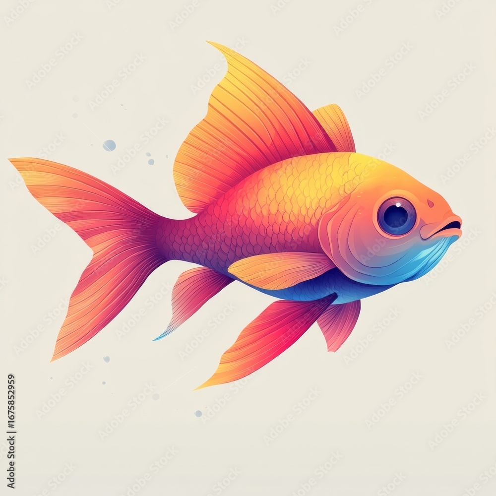 Fototapeta premium A vibrant and colorful illustration of a fish with gradient hues of reds, oranges, yellows, purples, and blues,