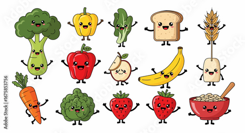 A cheerful collection of kawaii cartoon food characters, including fruits, vegetables, and grains, all with smiling faces and cute poses.
