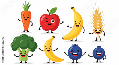 A cheerful collection of cute cartoon fruit and vegetable characters with happy, smiling faces and waving arms.