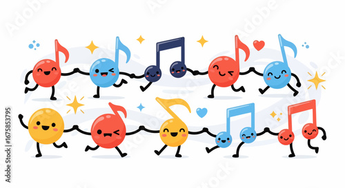 A cheerful parade of colorful, anthropomorphic cartoon musical notes dancing and holding hands in a kawaii style illustration.
