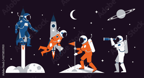 A flat vector illustration set of astronauts in colorful spacesuits exploring, flying with jetpacks, planting a flag, and observing space.