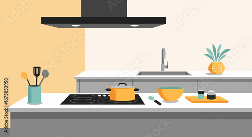 A modern kitchen interior illustration with a yellow pot on an electric stovetop, white countertops, and grey cabinets.
