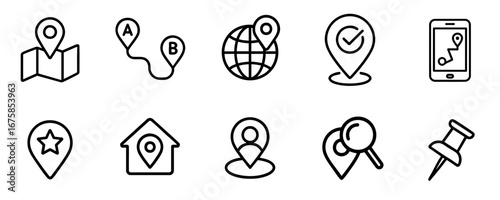 Location and GPS navigation line icon set with pin, map, route, globe, phone, home, user, search, and pushpin. Vector symbol design