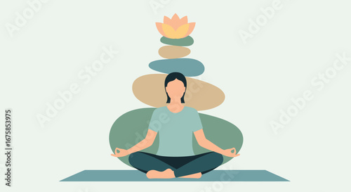 A serene woman in a lotus yoga pose meditating in front of a large stack of balanced stones topped with a lotus flower.