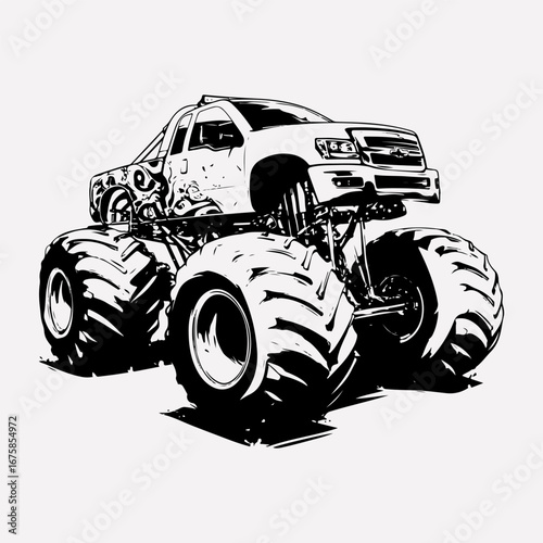 Monster Truck Graphic Single Icon Symbol Vintage Style Design, Truck Simple Vector, Monster Truck Silhouette Black Flat Design