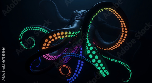 A majestic octopus with vibrant, glowing rainbow-colored tentacles swimming in the dark deep ocean.