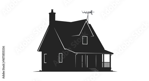 Black silhouette of a traditional residential house with a chimney and roof antenna.