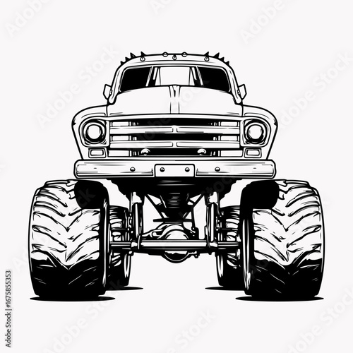 Monster Truck Graphic Single Icon Symbol Vintage Style Design, Truck Simple Vector, Monster Truck Silhouette Black Flat Design