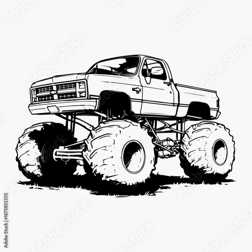 Monster Truck Graphic Single Icon Symbol Vintage Style Design, Truck Simple Vector, Monster Truck Silhouette Black Flat Design