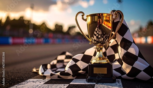 Golden trophy with checkered flag on race track symbolizing victory