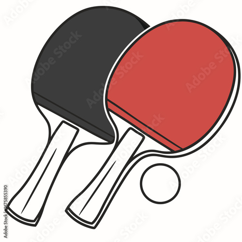 A simple illustration of two ping-pong paddles, one black and one red, along with a single ping-pong ball. The objects are outlined in black and set against a plain background.