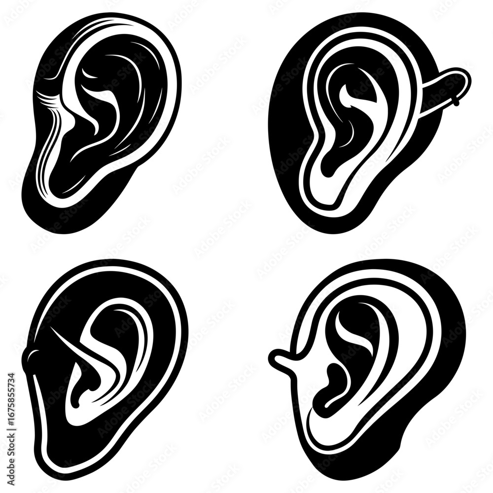 Fototapeta premium Four stylized black and white ear illustrations with varying details and piercings shown clearly here