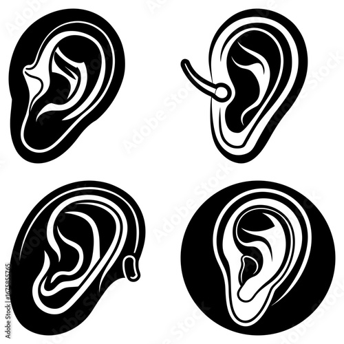 Collection of four stylized ear illustrations in black and white with varying shapes and details