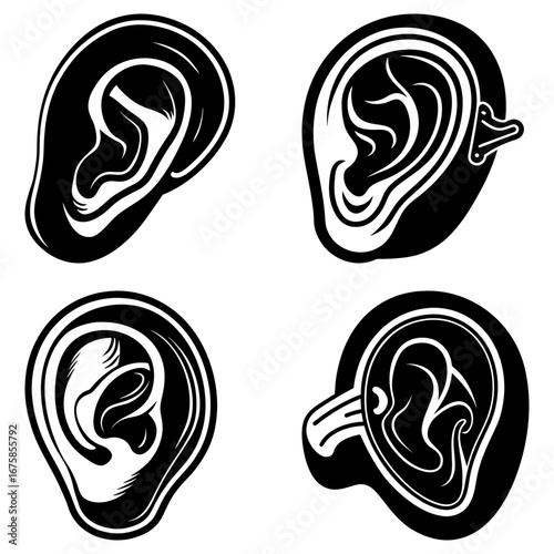 Illustration of four human ears in black and white anatomical drawings showing different ear structures