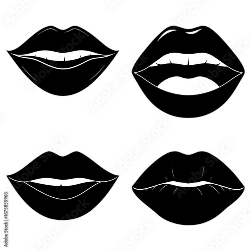 Four graphic black and white depictions of human lips in various states of opening and closing shown