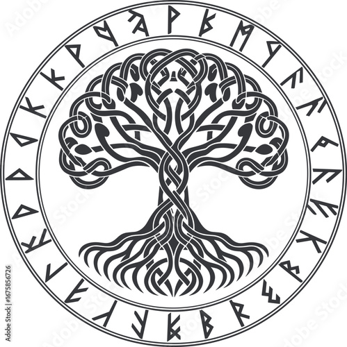 Celtic Tree of Life with Runic Circle, Norse Yggdrasil with Runes, Art & Illustration