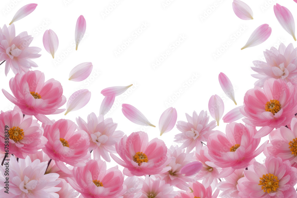Obraz premium Pink flowers and petals falling on a transparent background, forming a beautiful floral frame. background removed