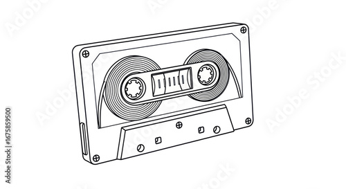 Vintage Audio Cassette Tape Line Drawing Illustration.
