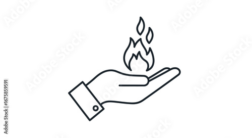 Outline vector icon of a cuffed hand holding a burning fire flame.