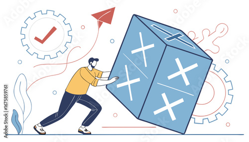 Creative collage of man in bright shirt pushing oversized blue cube featuring check and cross marks. Concept of decision-making, challenges, and weighing correct versus incorrect options.