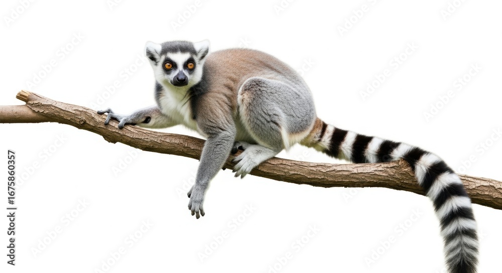 Fototapeta premium Ringtailed lemur resting on a branch isolated on white background, looking at the camera