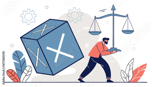 Creative collage of man in bright shirt pushing oversized blue cube featuring check and cross marks. Concept of decision-making, challenges, and weighing correct versus incorrect options.