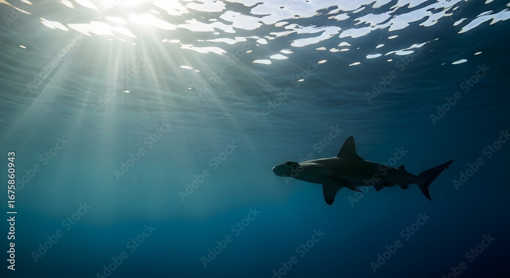 Naklejka premium Hammerhead shark swimming in clear blue ocean water with sun rays piercing the surface