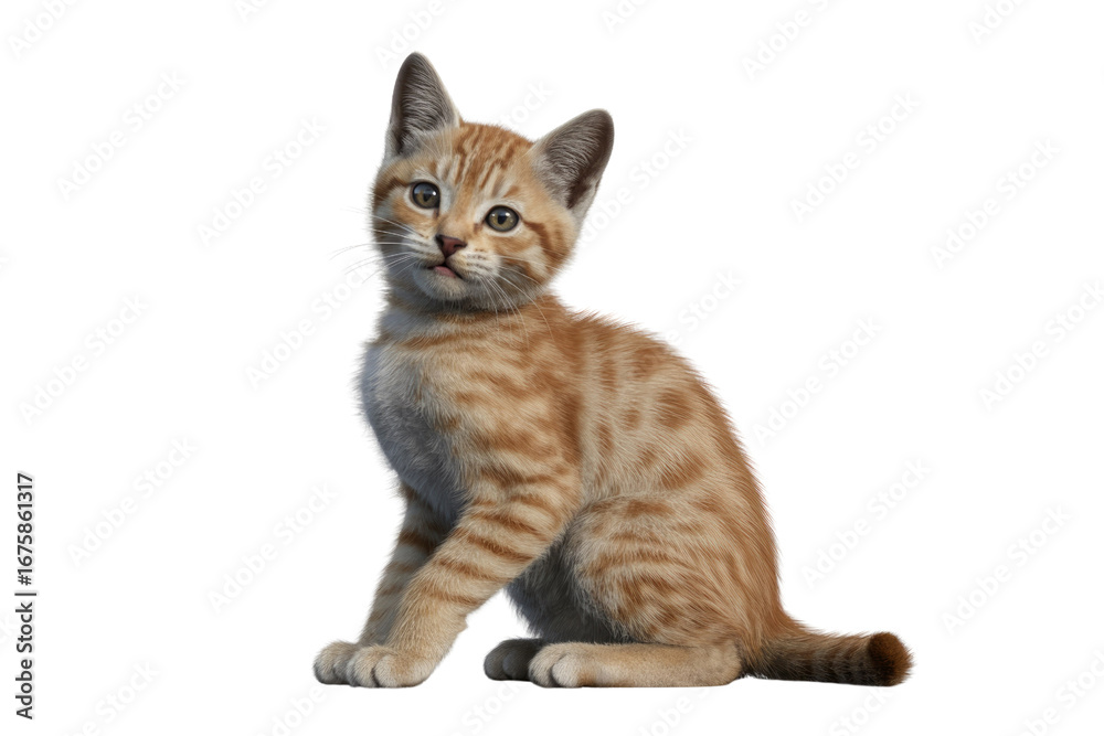 Fototapeta premium Adorable ginger kitten sitting on a transparent background, looking curiously. background removed