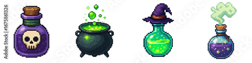 Halloween pixel art features spooky potion bottles and bubbling cauldron glowing with green magic in pixel style design