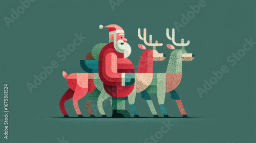 Festive Christmas scene featuring Santa Claus with reindeer, holiday decorations, winter scenery, seasonal ornament, joyful celebration, and holiday spirit