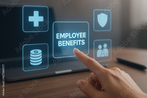 Employee benefits concept with finger pointing digital screen with icons for health, money