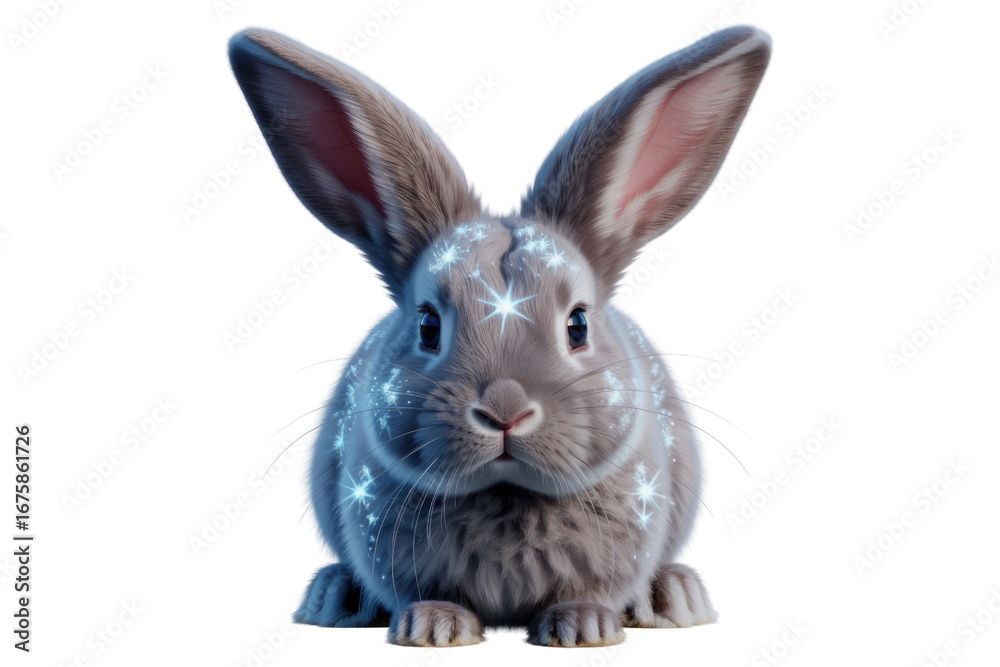 Fototapeta premium Cute gray rabbit with glowing particles, digital art, transparent background. background removed