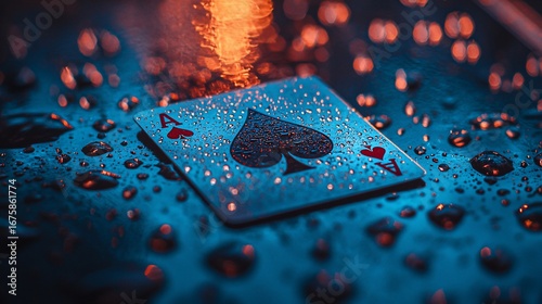 Ace of Spades Playing Card with Water Droplets and Bokeh Lighting