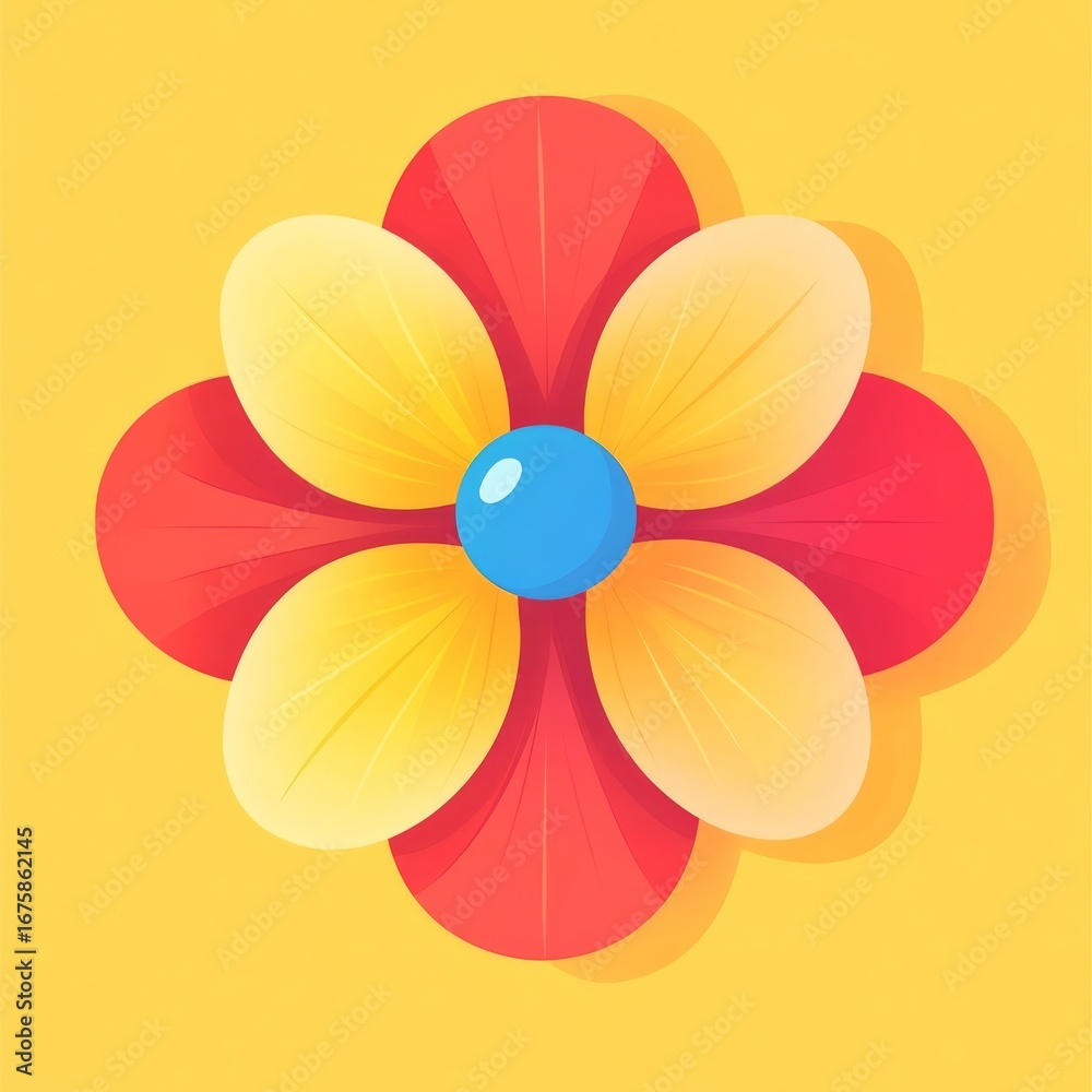 Obraz premium A stylized flower with five red petals and a central blue circle on a warm yellow background, symbolizing happiness,