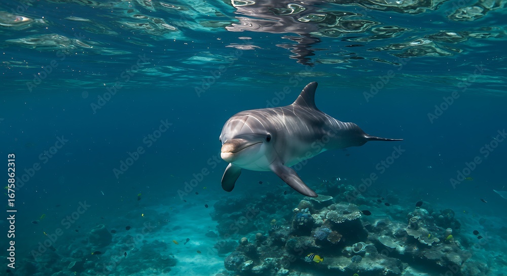 Fototapeta premium A playful dolphin gracefully glides through the crystal-clear waters, showcasing the vibrant coral reef environment below.