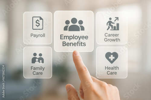 Employee benefits concept with finger pointing virtual screen with icons of payroll