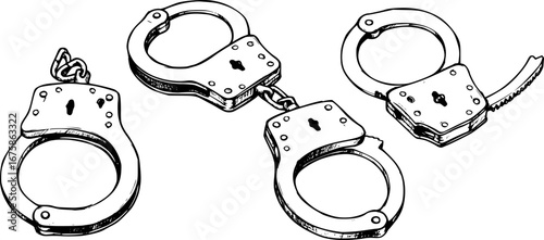 Hand Drawn Sketch of Handcuffs in Black Isolated on White Background - Set of Three Illustrations, Vector