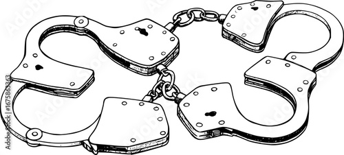 Hand Drawn Sketch of Handcuffs in Black Isolated on White Background - Set of Three Illustrations, Vector