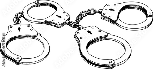 Hand Drawn Sketch of Handcuffs in Black Isolated on White Background - Set of Three Illustrations, Vector
