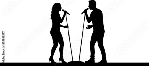 Musical Duet Silhouette Performing on Stage with Microphones

