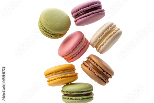 Wallpaper Mural Colorful macarons falling against a transparent background, showcasing delicious French pastries. background removed Torontodigital.ca