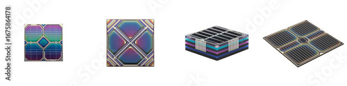 Triple junction solar cell scientific display showing four different views of technology with vibrant colors and detailed structure