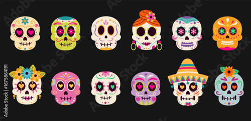 Colorful sugar skulls vector set for Día de los Muertos. Decorative Mexican Day of the Dead illustration.