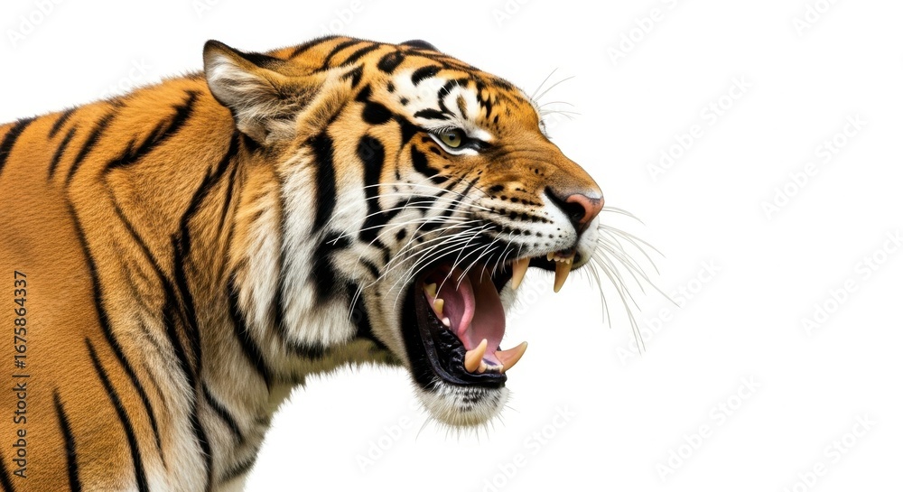 Fototapeta premium Close up of a roaring tiger with its mouth open isolated on white background