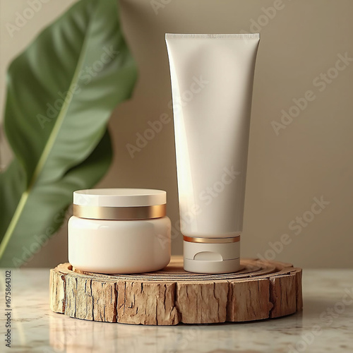 Cosmetic Cream Jar and Tube on Wooden Stand with Leaf